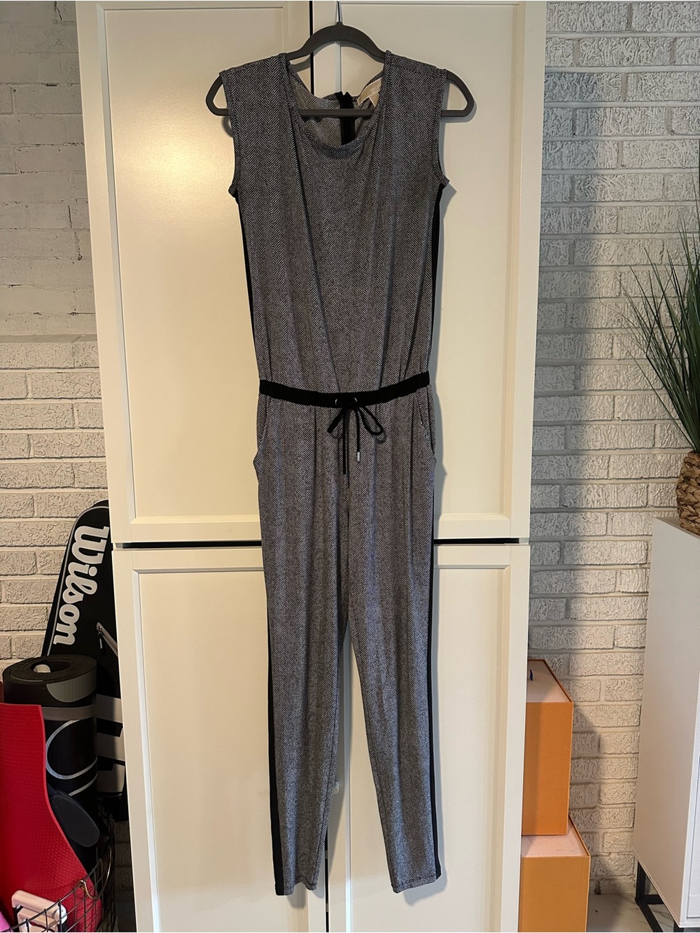 MICHAEL Michael Kors Gray Sleeveless Jumpsuit with Black Drawstring